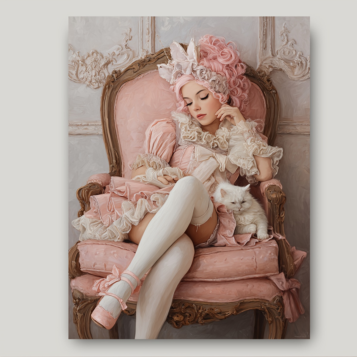 TEMU 2d Flat, 1pc Rococo Baroque Style Frameless Canvas Wall Art Print - 12x16 Inch Vintage French & White Kitten Painting, Lace-like Ruffles &