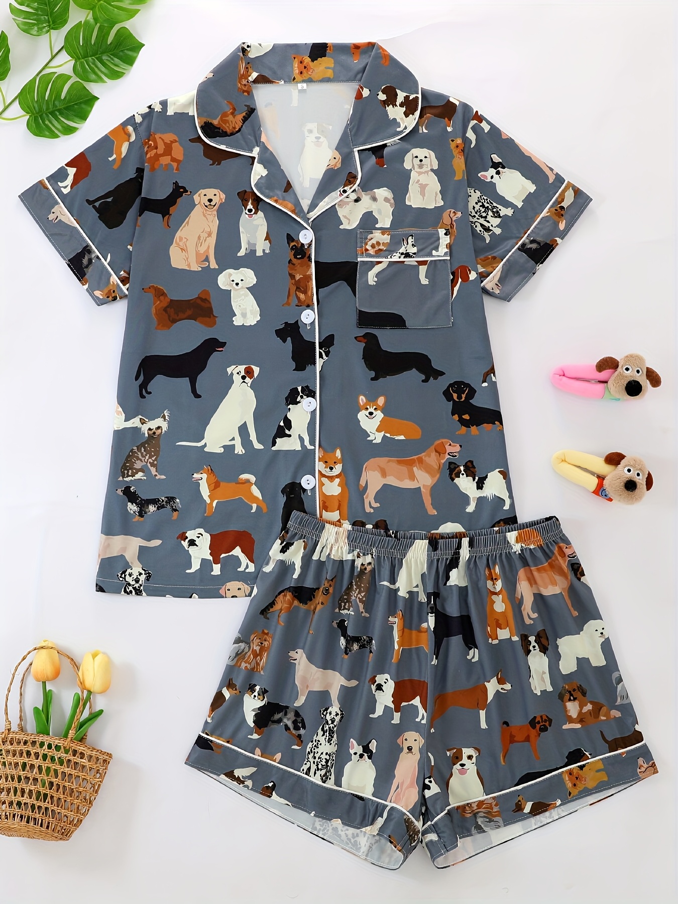 womens pajama set lapel short sleeve open front shirt and loose elastic shorts with animal dog print cool summer wearable outdoors casual   sleepwear and loungewear suit polyester fabric Product details 0