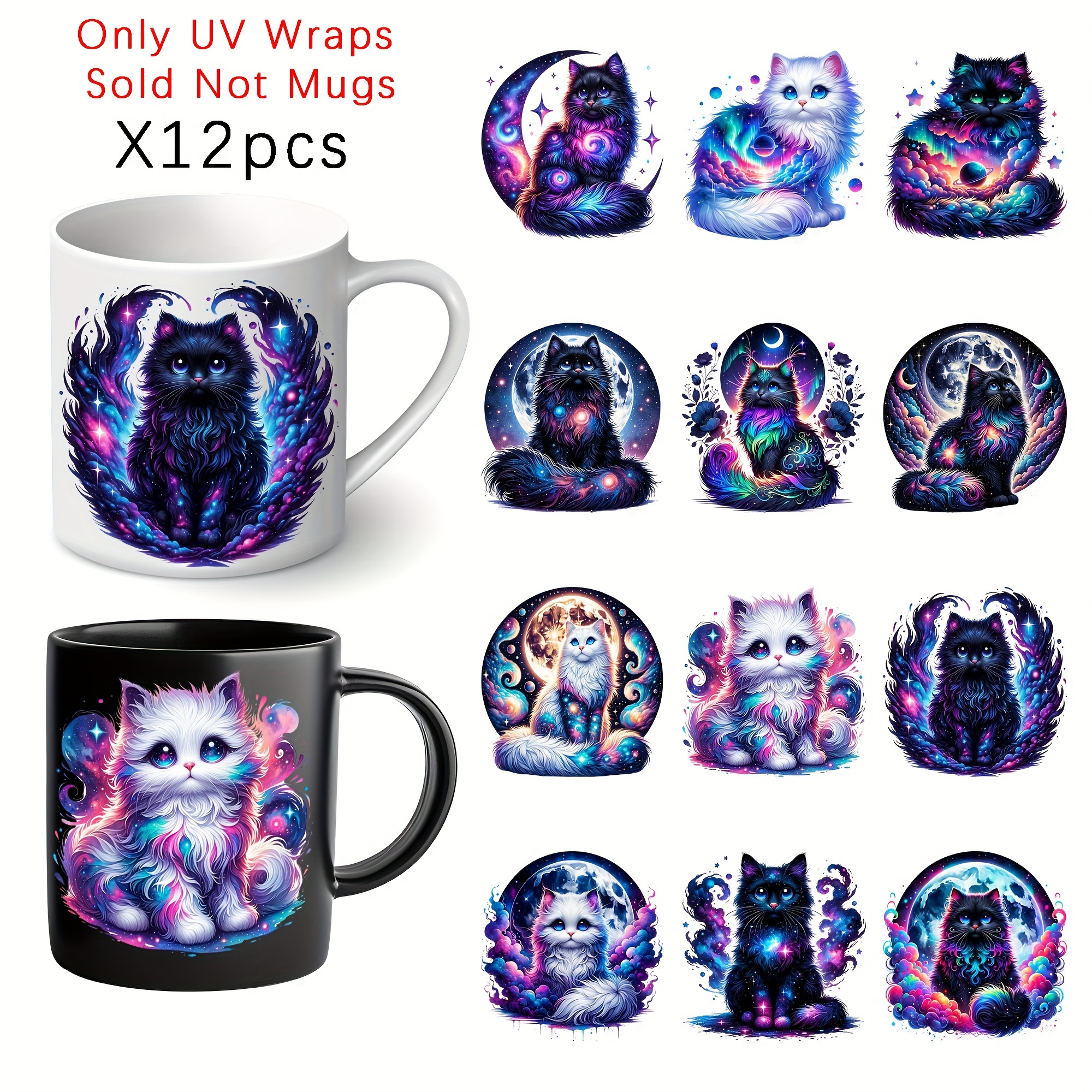 

12pcs Watercolor Cats Uv Dtf Transfer Stickers - Reusable, High- Decals For Diy Glass Mugs & Bottles, & Heat-resistant, Winter, New Year