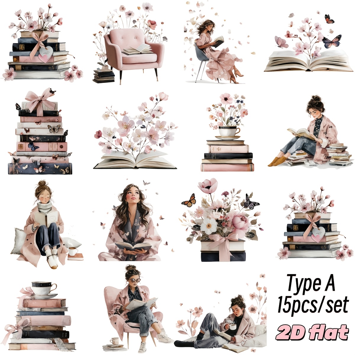 TEMU Lot de 15 autocollants 2D plats à , créatifs, rétro et confortables, série lecture, de haute qualité, adaptés pour la décoration de , carnet,