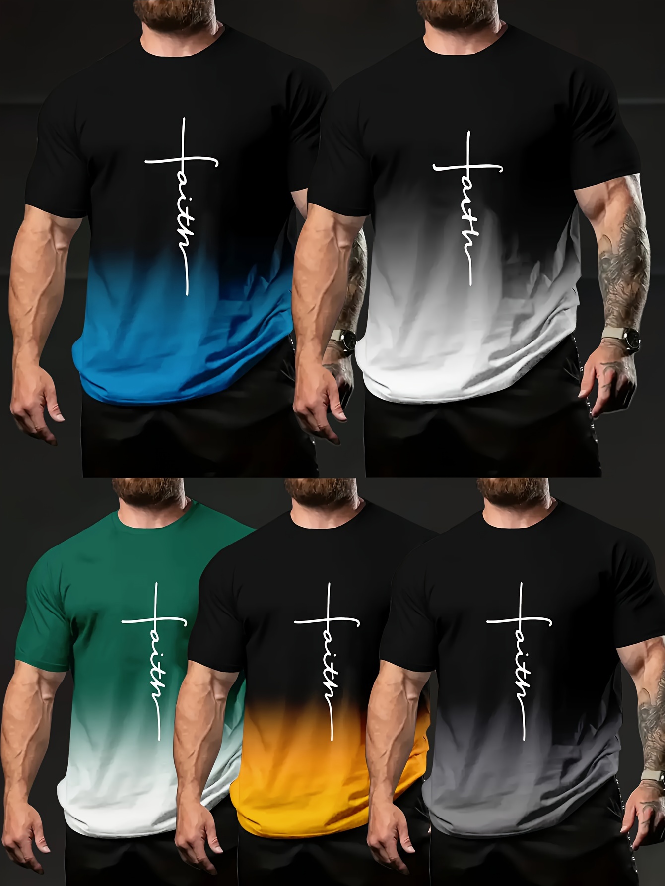 Ensemble de 5 T-shirts pour Hommes à Imprimé Dégradé - Col Rond Décontracté, Manches Courtes en Polyester Respirant pour Activités Extérieures, Lavable en Machine, de Noir à Bleu, Vert, Jaune, Gris, & Noir
