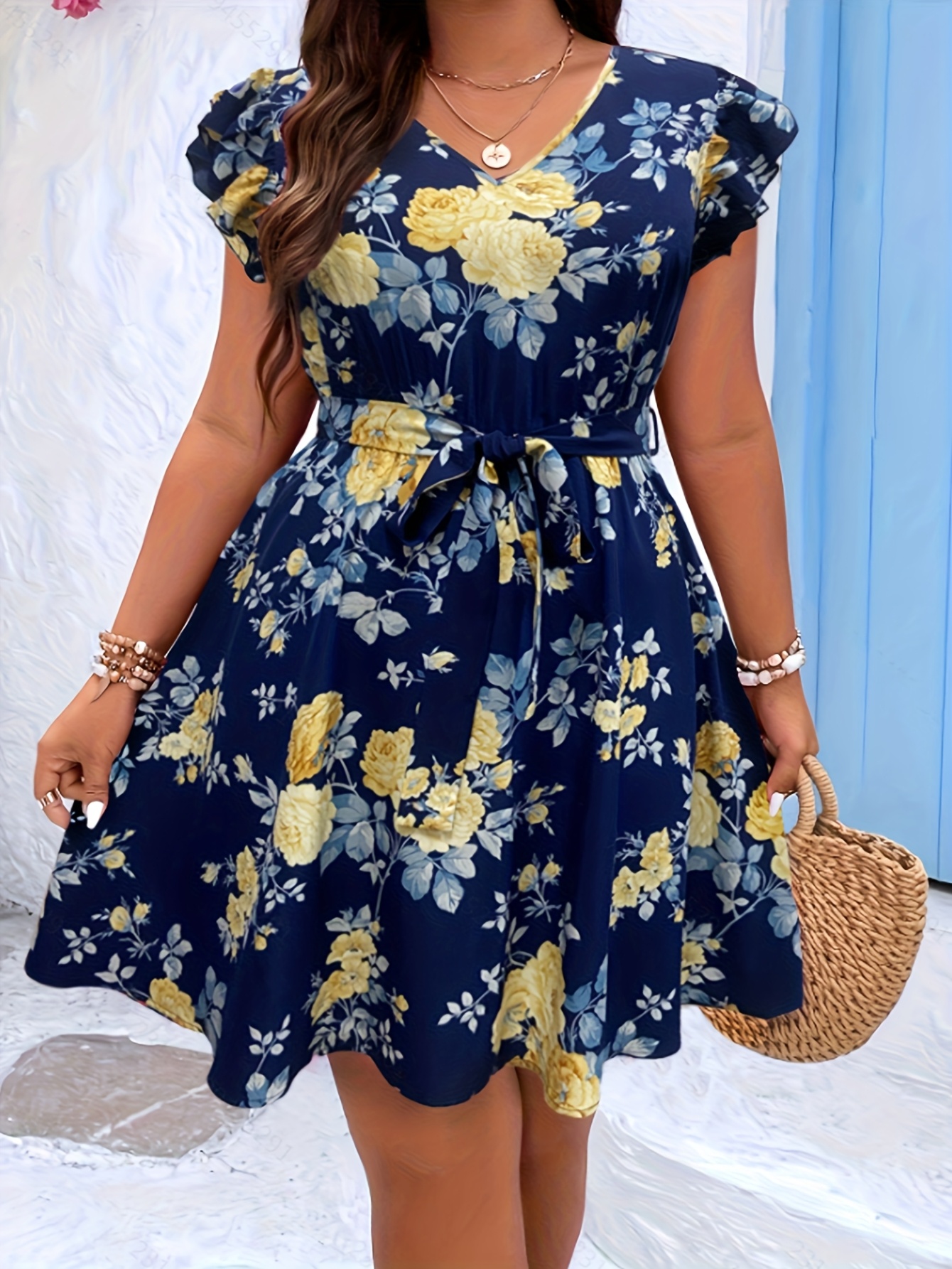 Mini Dress Navy Dress Yellow Flowers Plus Size Casual Floral Print