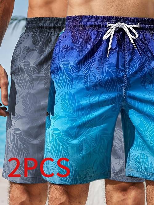 2pcs set bermuda shorts for men casual botanical gradient print beach shorts breathable ultra lightweight quick drying outdoor vacation surf shorts