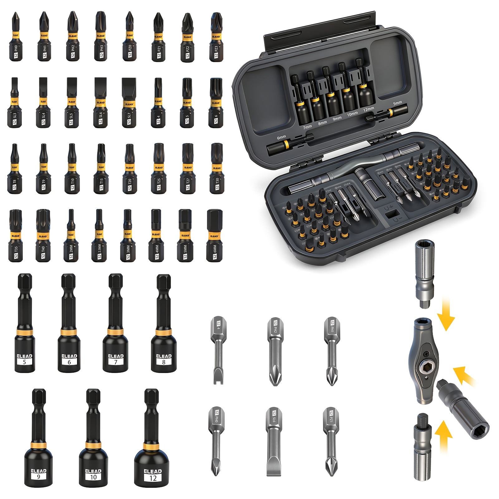 TEMU Elead 46in 1 Magnetic Ratchet Screwdriver Set, S2 Steel Bits, Flexible Extension Rod, Multi-bit & Nut Driver Kit, Detachable Ratchet Handle With