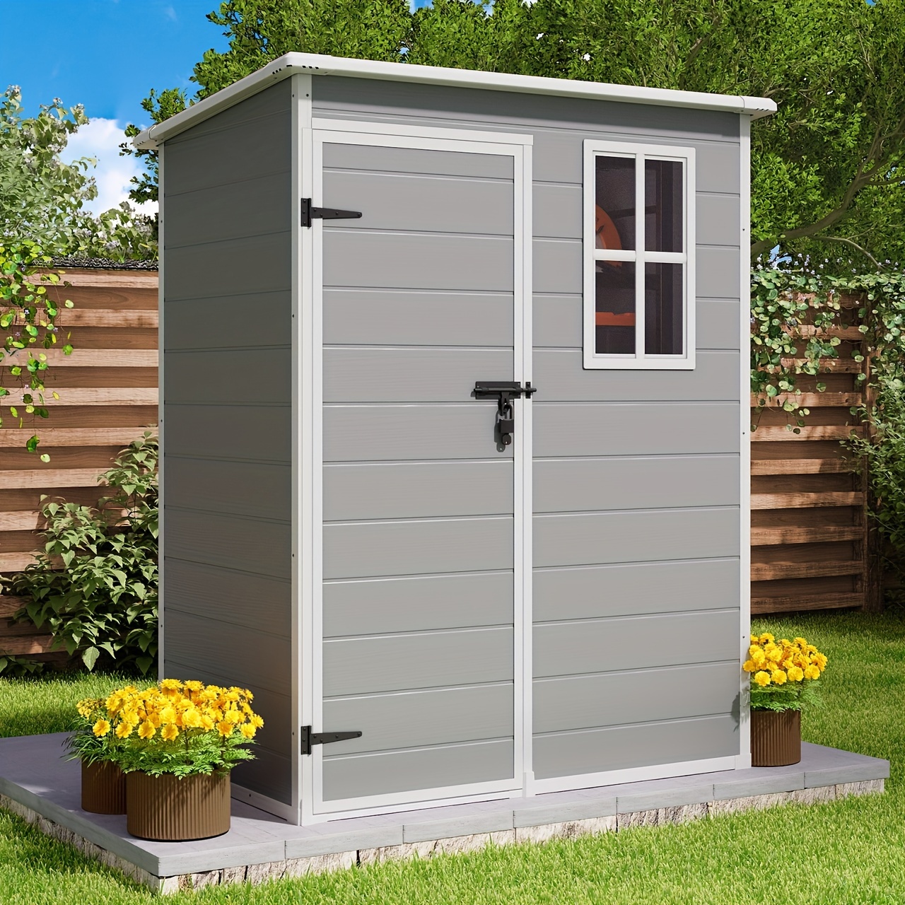 

Outdoor Storage Shed, 5x3ft Plastic Shed With Floor, Lockable Door & Window, Waterproof Tool Sheds & Outdoor Storage For Bike, Garbage Cans, Garden Accessories