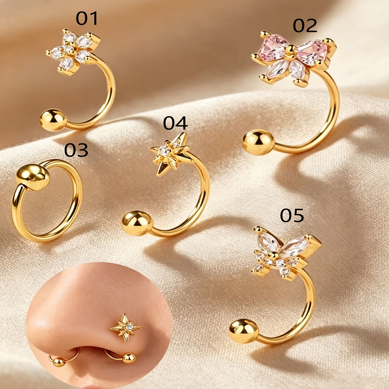 TEMU Ensemble de 1pc/5pcs Bague de Nez Bijoux Nœud Étoile Fleur Bijoux de Nez Dorés Rotatifs avec Boule, Bijoux de Piercing de Nez, Convient aux