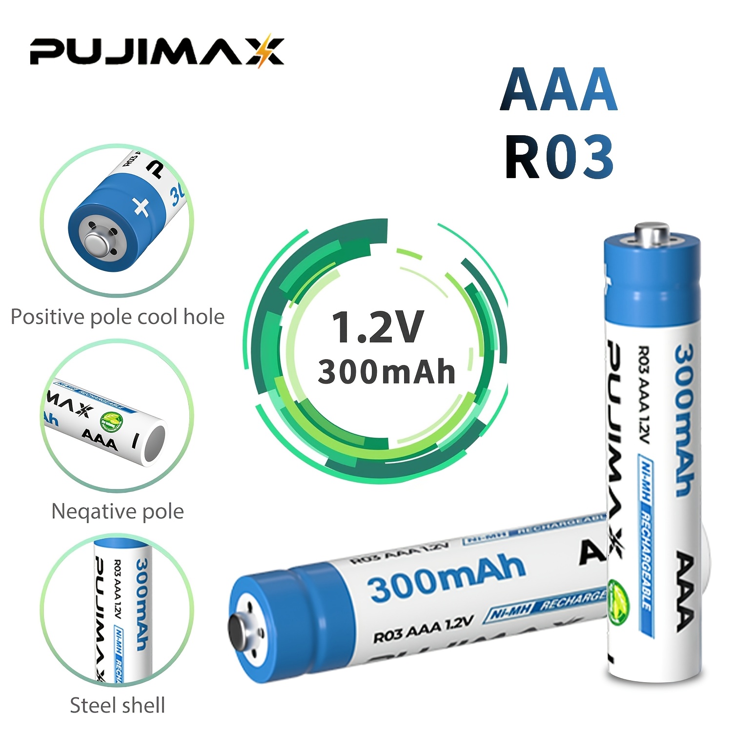 

Pujimax 4/8/12/16 Pack Rechargeable Nickel Hydrogen Battery, 1.2v Aaa 300mah, , Compatible With Drones, High Capacity Battery