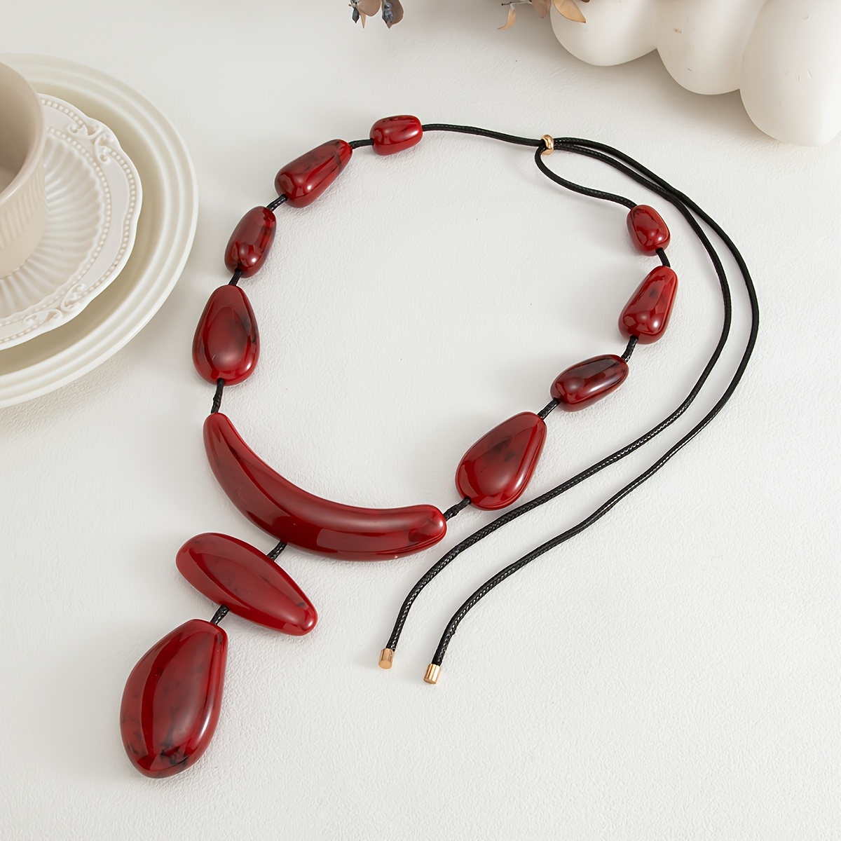 Artistic Curved Resin Pendant Long Beaded Necklace