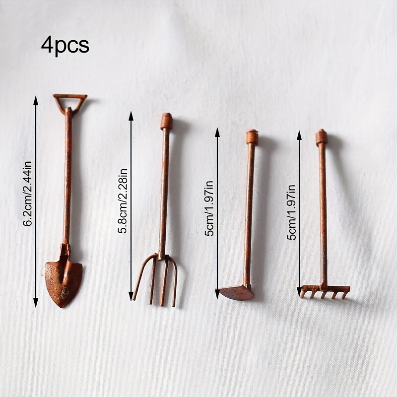 Image of Distressed Wrought Iron Gardening Tool 4pcs Miniature Garden Model With Realistic Farm Implements, Dollhouse Yard Scene Decor, Handcrafted Collectible, Vintage-style Gift