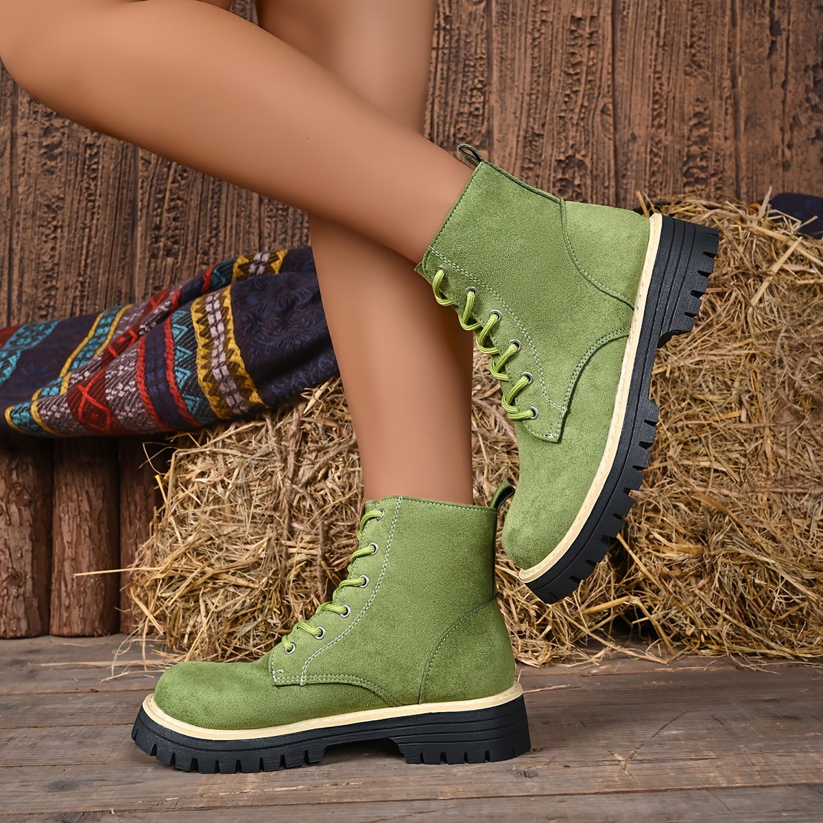 TEMU Retro Women's Plus Size Round Toe Thick Sole Height-increasing Short Boots, Spring Autumn Single Boots, Lace Design Thick Sole Women's Plus Size