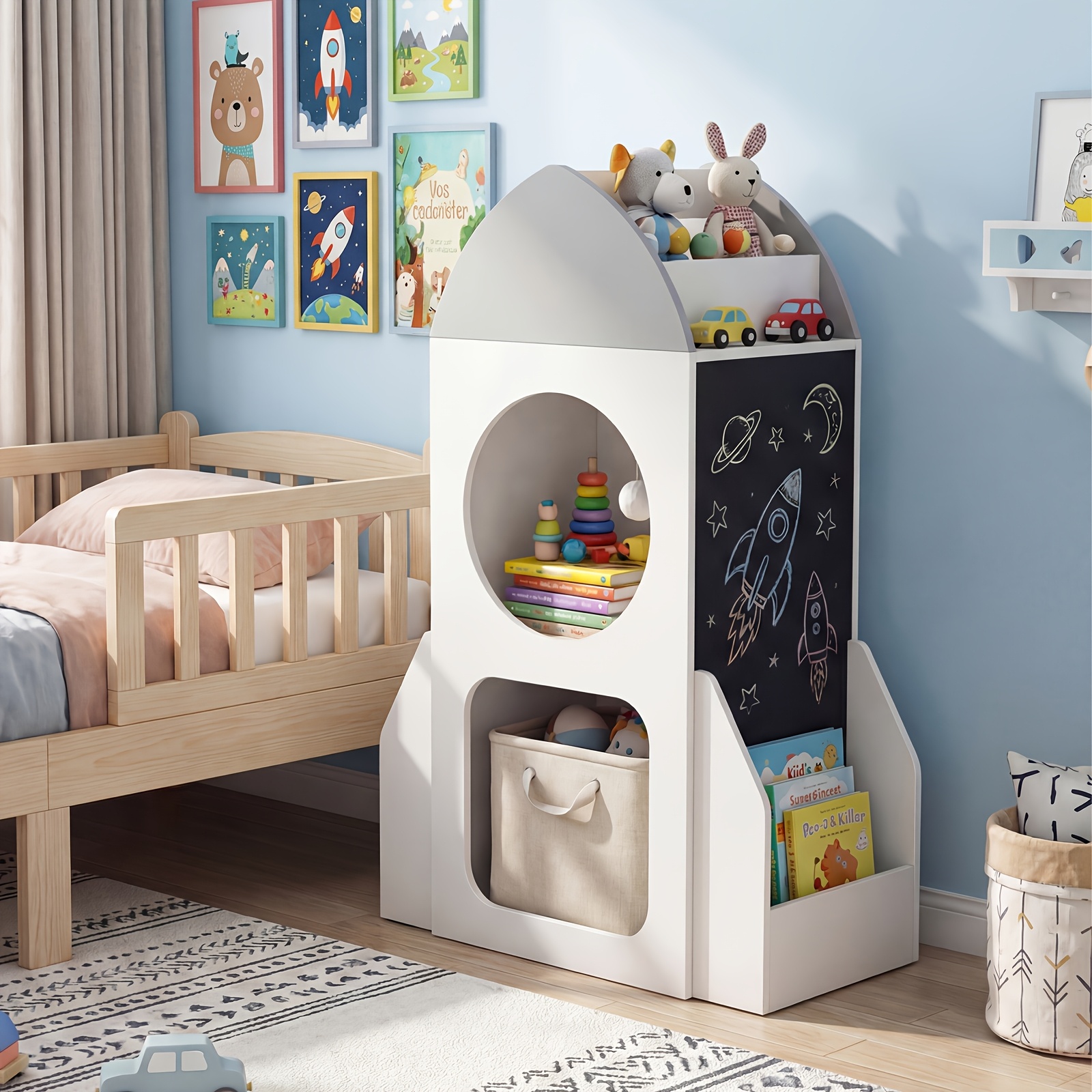 Image of 3-tier Rocket Space Kids Bookshelf With Chalkboard Panel & - Toddler Bookcase Suitable For Room, Playroom, Daycare Storage Organizer, Open Shelf & Cubbies, Children' Furniture For Classroom Learning
