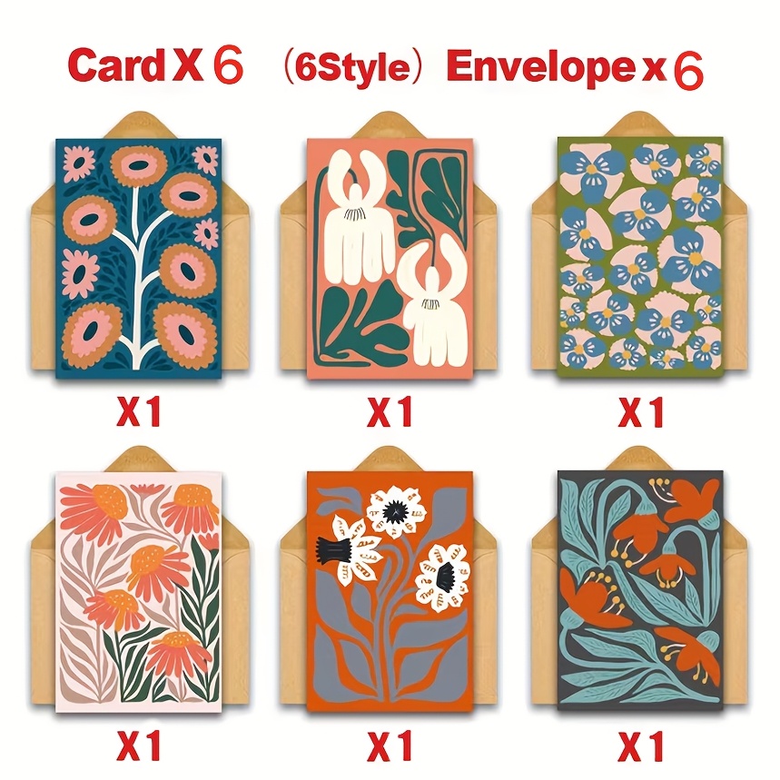 E-shop 12 einzigartige Mid-Century Modern Blumen Grußkarten mit Umschlägen | Premium Papier Nachrichtenkarten | Notizkarten für Freunde, Dankeschön,