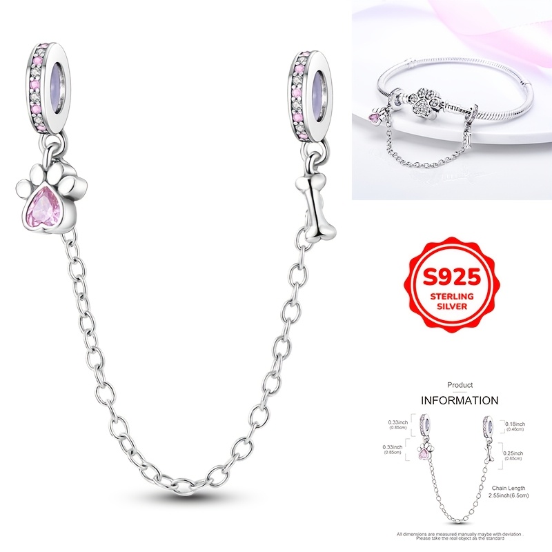 

1pc 925 Sterling Silver Charm Safety Chain, Paw Print & Bone Design, Fits 3mm Ladies Bracelets, Making Accessory, Elegant Gift