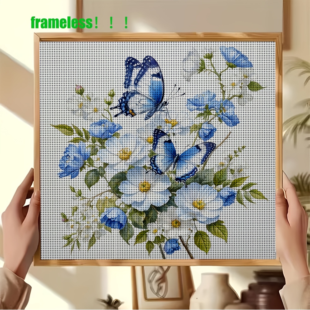 DIY Cross-Stitch Printed Kit, Unframed Blue and White Flowers with Butterflies Pattern