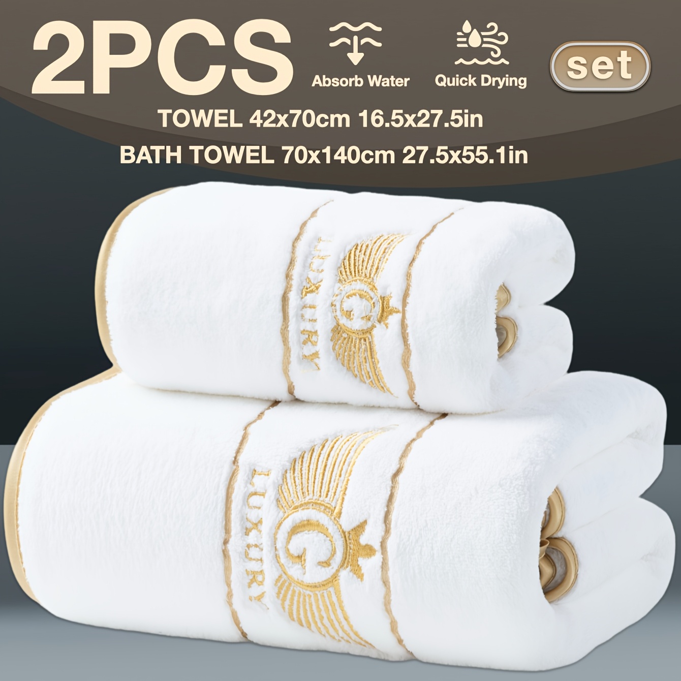 TEMU 2pcs Golden-embroidered Towel And Bath Towel Set, 140 X 70 Cm Bath Towel And 1 42 X 70 Cm Hand Towel. Absorbent, Quick-drying, , Skin-friendly,