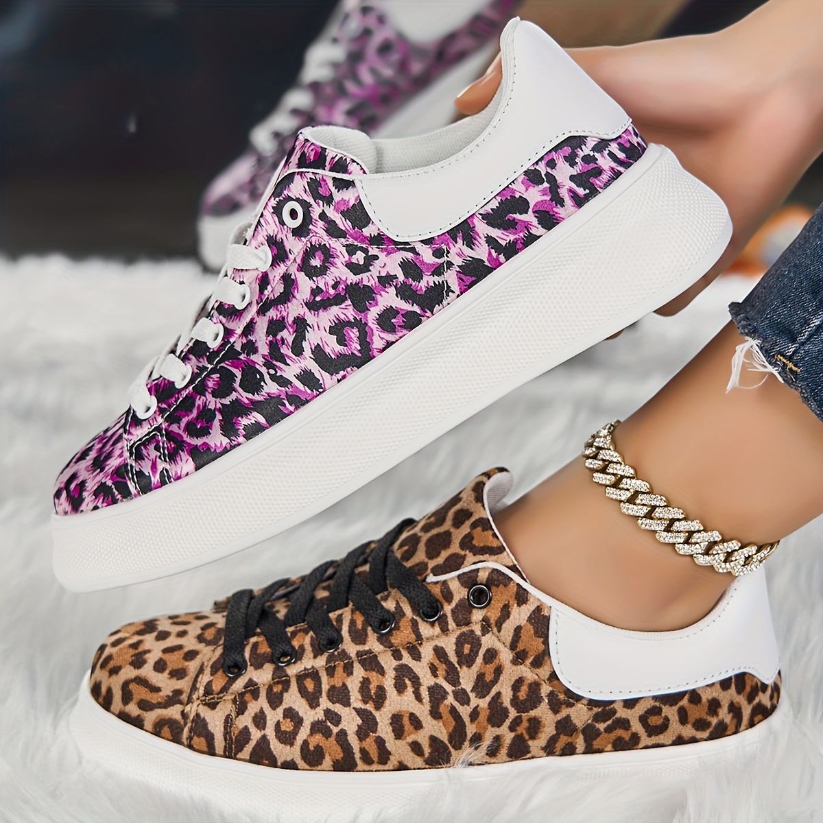 womens leopard sneakers breathable lace low top Temu Oman