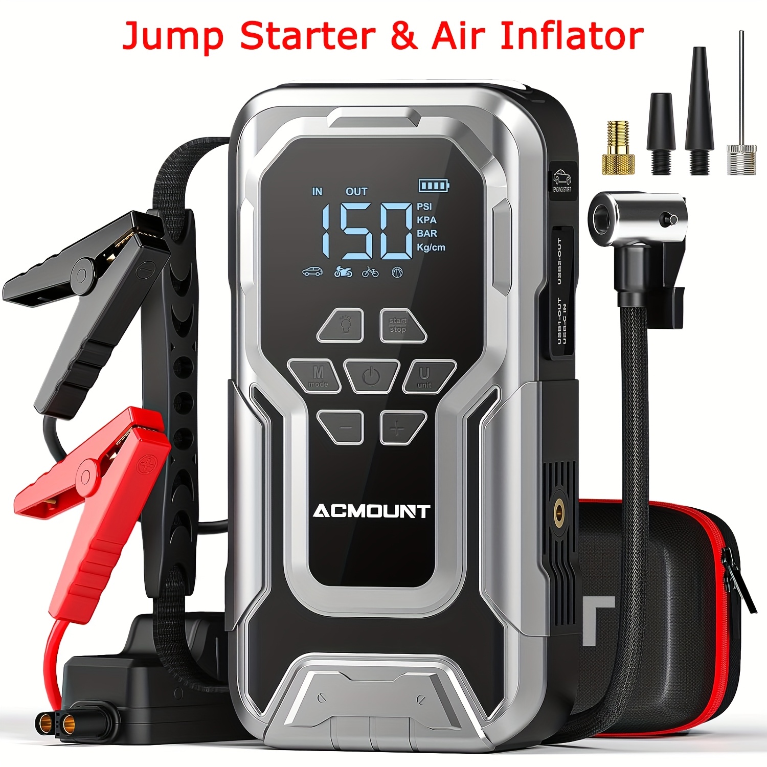 E-shop 12V Starthilfe mit 150PSI Luftkompressor, Autobatterie Booster für 10.0L Benzin/ 8.0L Diesel Motoren, tragbarer Reifenfüller & Powerbank - für