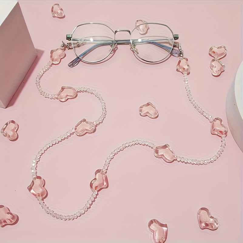 

1pc -shaped Crystal Bead Glasses Chain - Clear Resin, Anti-slip & Lanyard With Pink Accents - Mask Holder Necklace For Eyewear Security