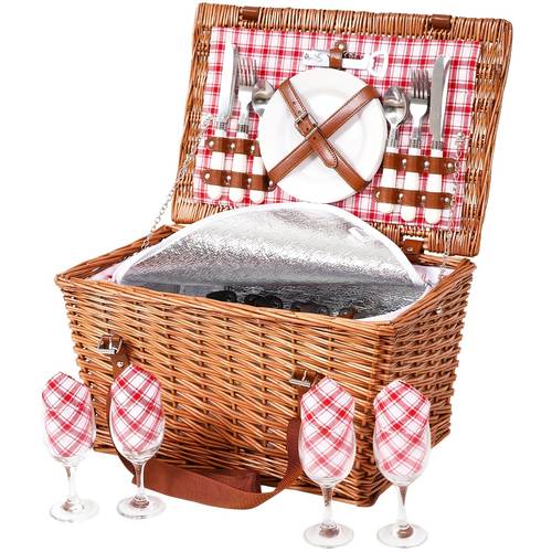 willow picnic basket set for 4 wicker picnic hamper with insulated cooler and cutlery service perfect in picnicking and camping for christmas birthday or wedding non food contact non food direct contact
