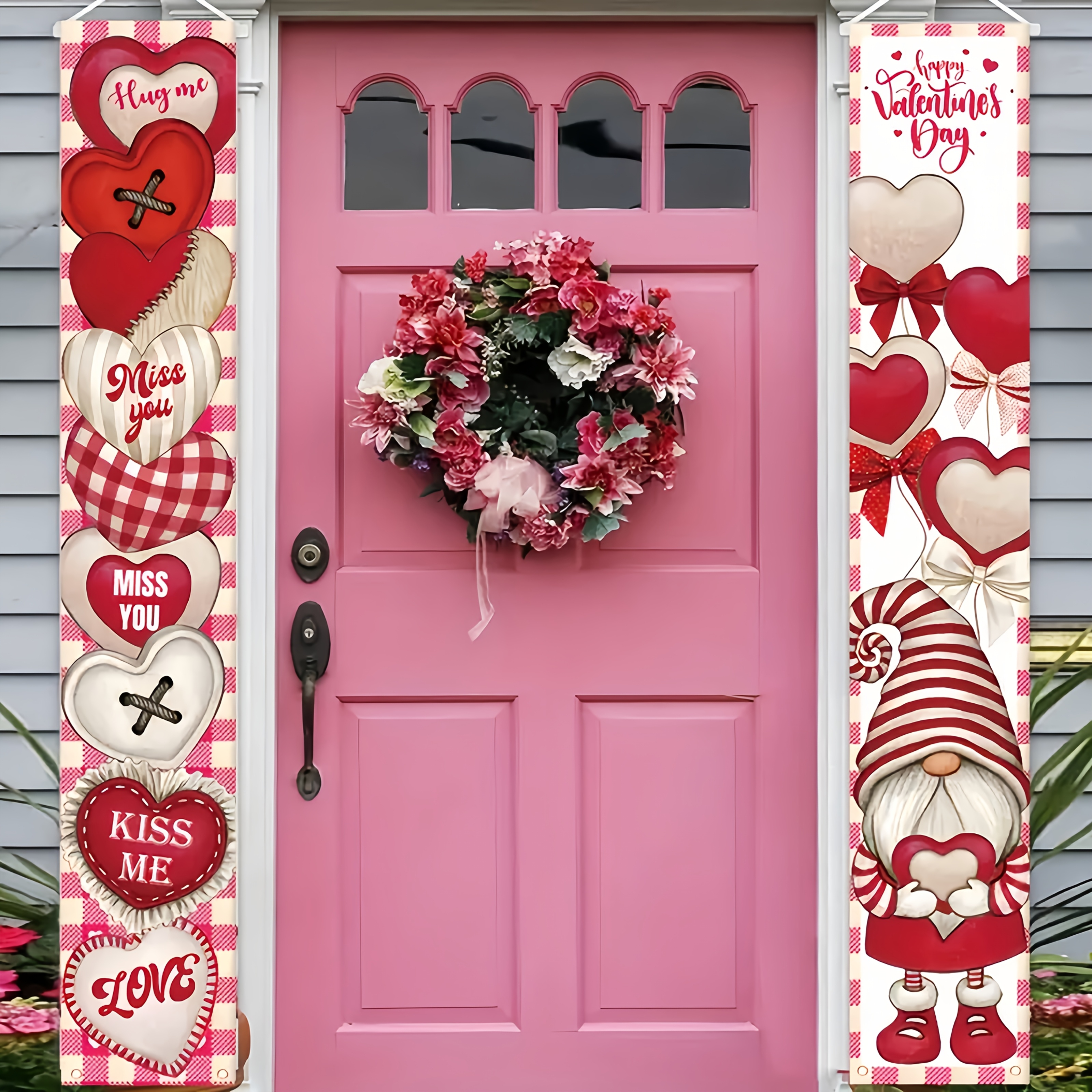 

2d Door Banner 1 Pair Valentine's Day Door Banners, 11.8x70.8 Inch Polyester Heart & Patterns, Pink Outdoor Wall Decor, Multifunctional, No Power Needed