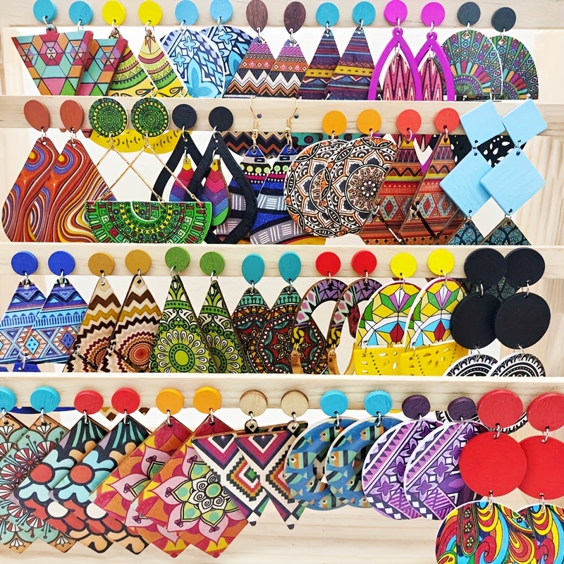 10 retro bohemian ethnic style colorful print wooden earrings fashion personal water drop geometry pendant womens earrings details 0