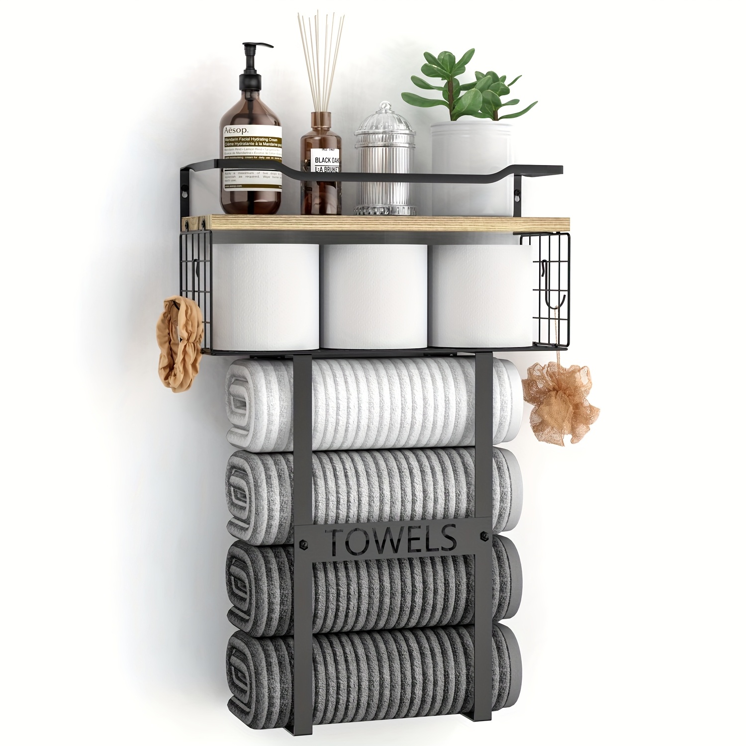 TEMU Wall Mounted Towel Rack For Bathroom - Bath Storage Holder Set Above Toilet, Rolled Towel Shelf Organizer, Wood Vertical Rack For Small Bathroom