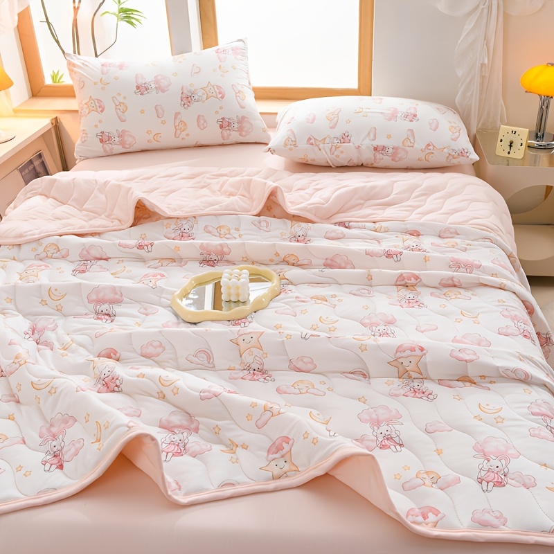 TEMU Washable One-piece Bunny & Star Bedspread - Lightweight Quilt Cover Suitable For Summer, Breathable Bedding With Bunny & Star Pattern, Machine