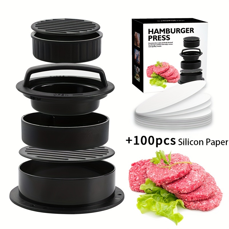 

1pc Manual Burger Press - Round Meat Patty Maker With 100 Silicone Oil Papers, Perfect For Beef & Cheese Patties, Ideal Kitchen Gadget For Bbqs & Outdoor Grilling