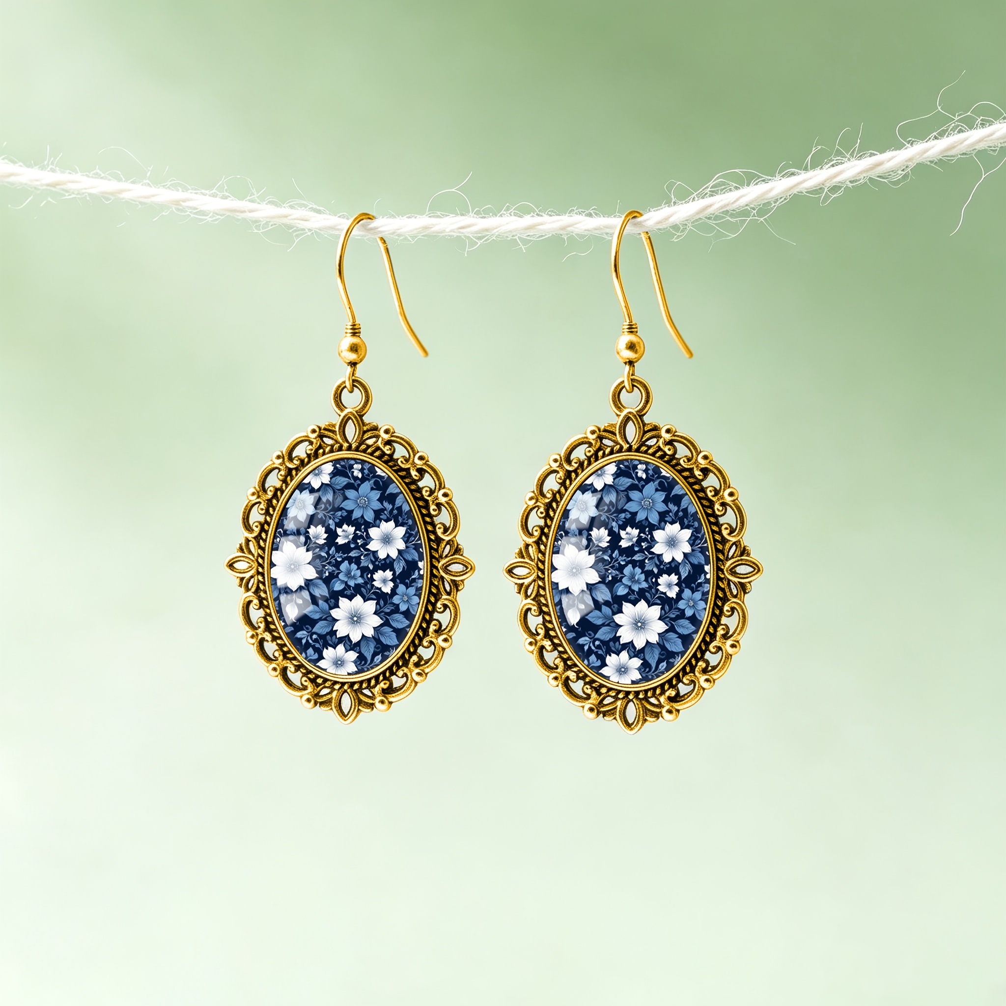 Navy Floral Pattern Oval Glass Lace Earrings