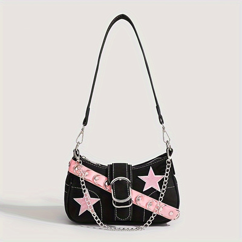 

Y2k Vintage Inspired Shoulder Bag With Star Embellishments, Solid Color Pu Leather, Removable Strap, Zipper Closure, Polyester Lined - Guangzhou Retro Accessory