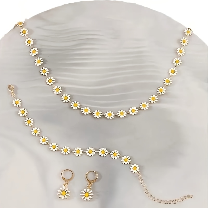 Image of Fresh And Style Jewelry Set With Daisy Design: Earrings, Necklace, And Bracelet - Perfect Gift For To Match Everyday Outfits