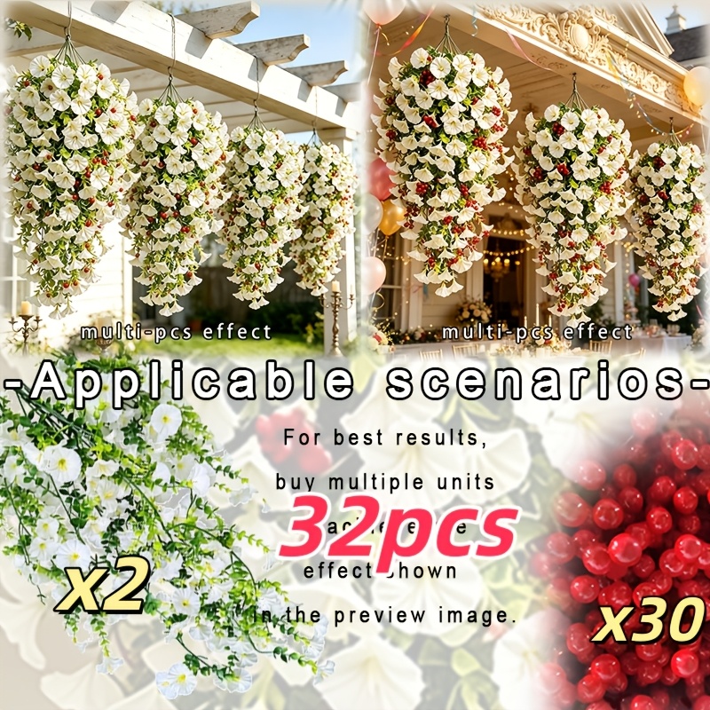 TEMU 32pcs White Artificial With Red Berries, Uv Resistant And Fade-resistant, Suitable For Gardens, Courtyards, , , Yards, , Windowsills, Living