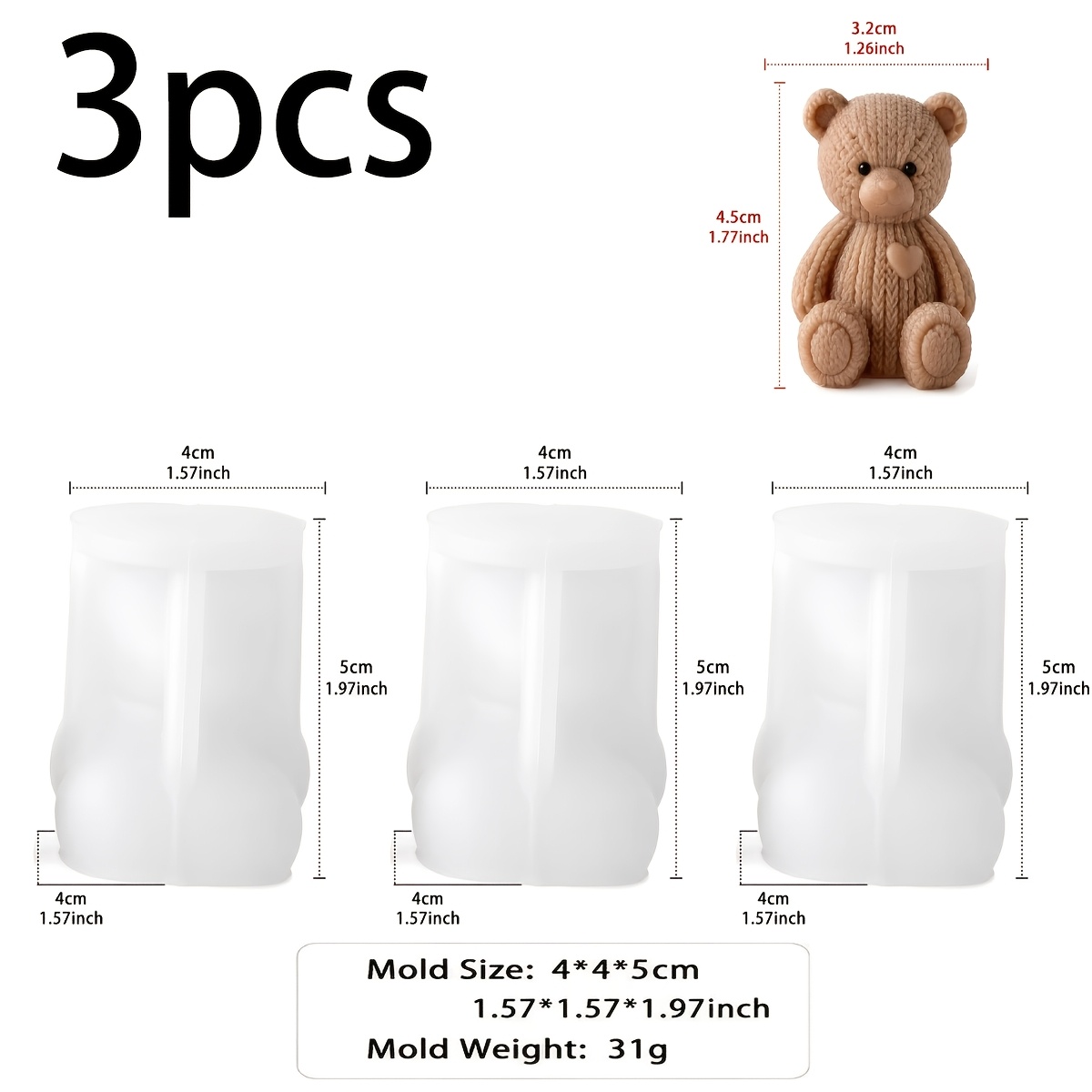 TEMU Set de 3 moules à bougie : moules en 3D en peluche tricoté, set de moules d' tricoté de cœur, convient pour bougies, plâtre, résine époxy et