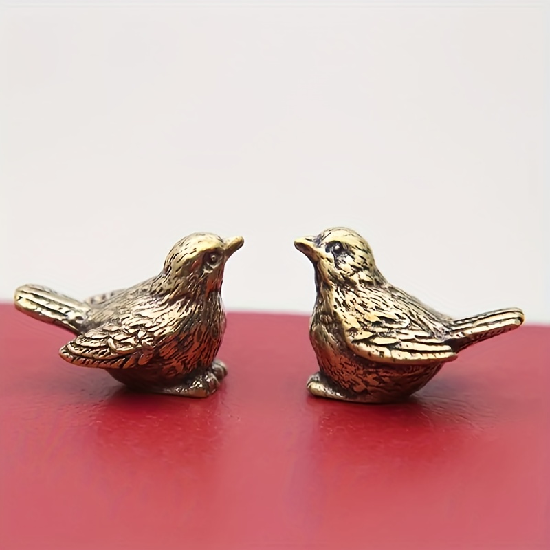 

2pcs Set Of Charming Brass Sparrow Figurines - Versatile Home & Office Decor For Desk And Shelf