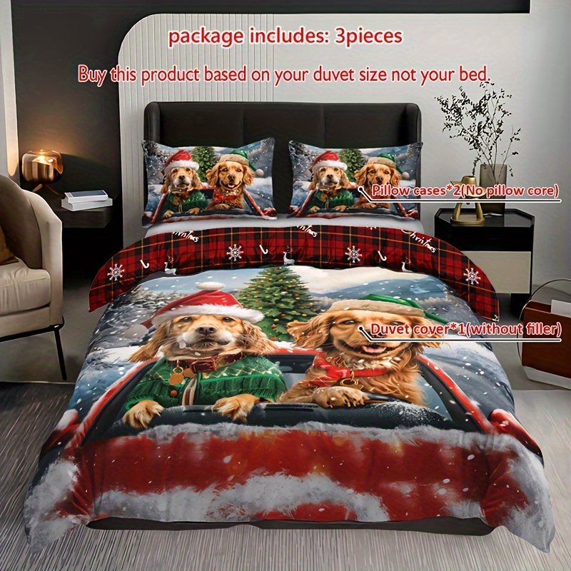 Image of 3pcs Duvet Cover Set (1 Duvet Cover + 2 Pillowcases, Excluding Pillow Inserts), Featuring High-definition Prints Of Christmas Trees, Dogs, And Snowflakes For Home Or Dorm Use