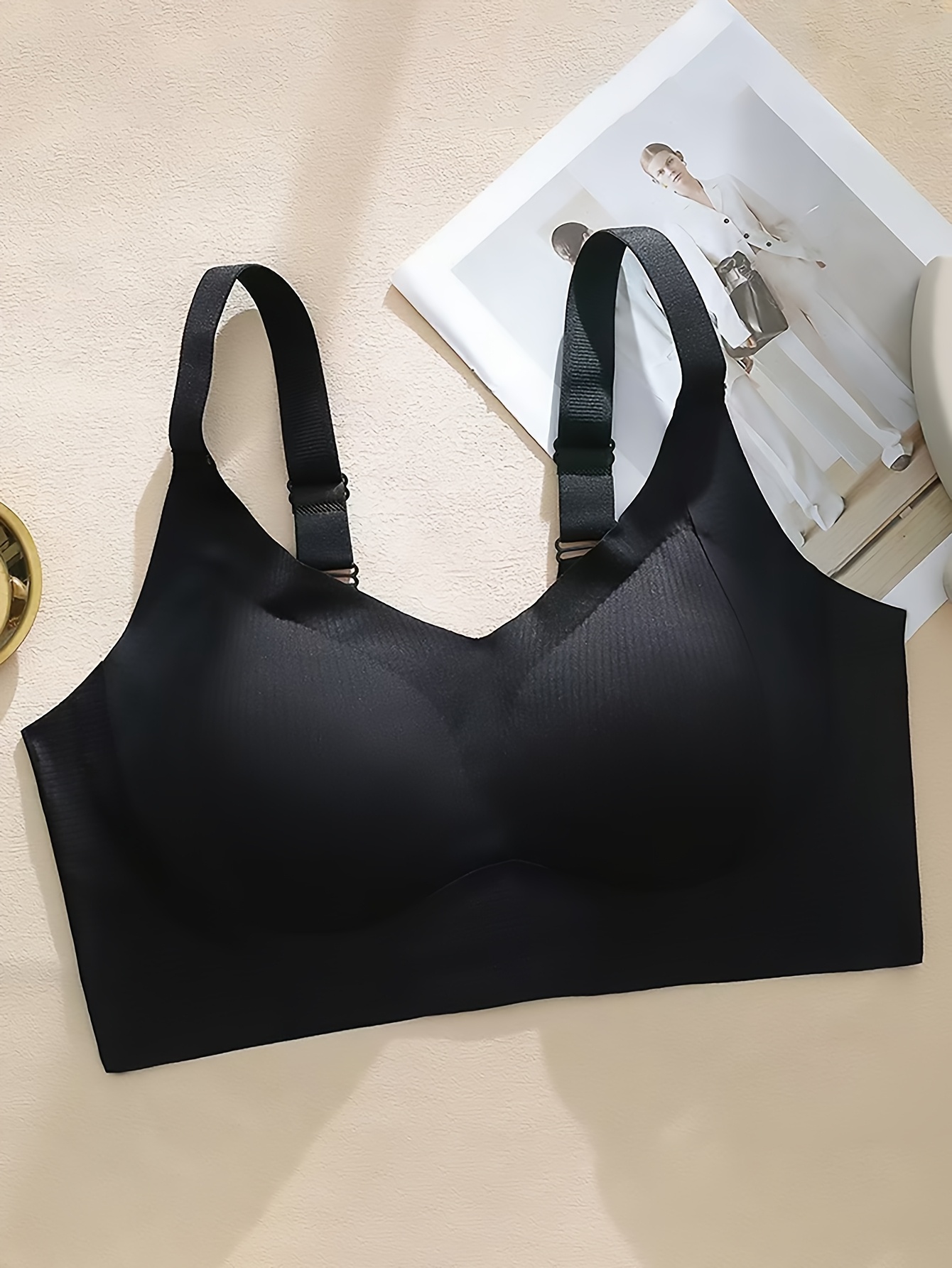 Seamless Full Coverage Bra for Women - Beige, No Underwire, Anti-Sagging, Removable Pads, Ribbed Texture, Comfort Fit, Retro Style, Hand Wash Only