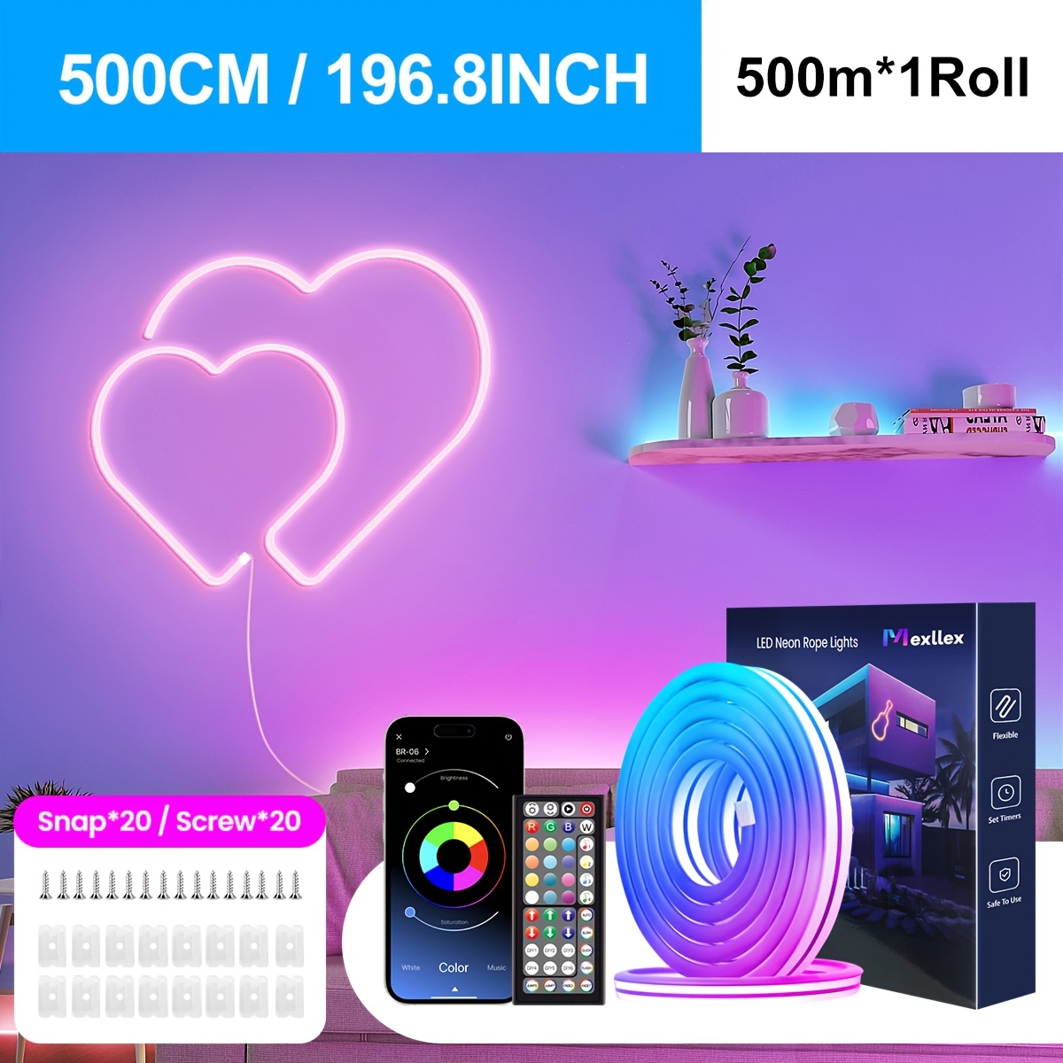 Image of 30m/15m/5m Rgb Led Rope Lights With Remote App Control, 16 Million Colors, Ip67 , Music Sync & Dimmable And Timer Functions, Flexible Neon Strip Lights For Bedroom Room Gaming Decor