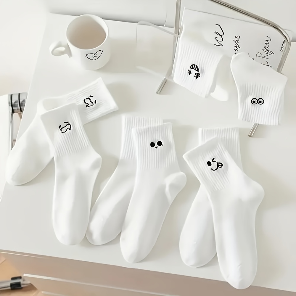 5 Pairs Women'S Mid-Calf Socks - Cute Cartoon-Themed Long Socks with Expressive Faces, Soft Breathable Warm Winter Socks for Everyday & Formal Outfits - Spring, Fall, Winter Fashion Accessories (5 Pairs), Cute Socks, Seasonal Fashion, Playful Design, Comfortable Fit, Trendy Socks, Fashionconscious Women