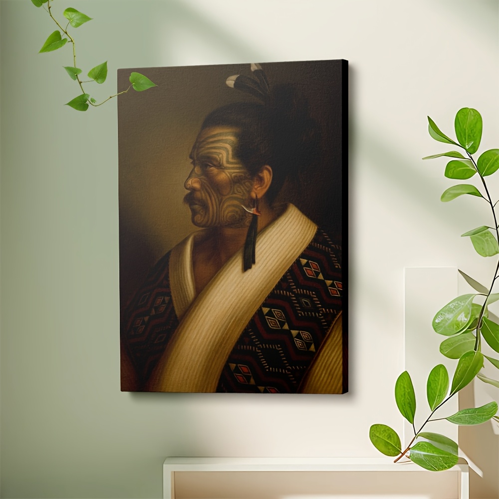 TEMU 2d Flat, 1pc Maori Portrait Framed Canvas Painting - Traditional Tattoo Art Wall Decor, Wrap-around Frame Suitable For Living Room, Bedroom,
