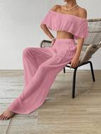 2 piezas conjunto top cortos volantes, de bambú y pantalones casuales para mujer, estilo , ropa