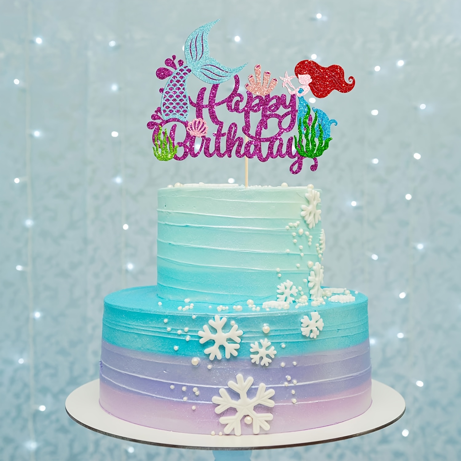 1pc Mermaid Happy Birthday Cake Topper Glitter Mermaid Cake Pick Seashells Coral Mermaid Tail Cake Decoration For Under The Sea Baby Shower Birthday Party Supplies Purple, Halloween, Christmas