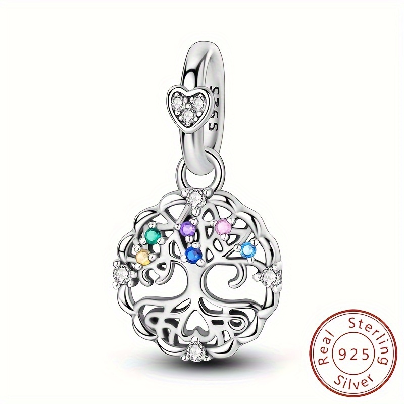 

925 Sterling Silver Family Tree Charm Bead Pendant Fit Original Bracelet Necklace, Jewelry Gift Diy For Women, Multicolor Gemstone Inlaid