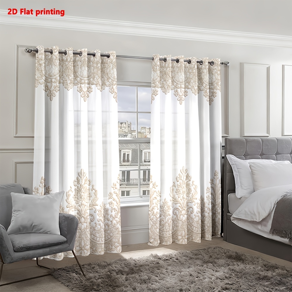 TEMU Plat 2D, Lot de 2 rideaux plats 2D avec broderie délicate en dentelle pour salon, chambre, décoration d'intérieur, style européen de luxe léger,