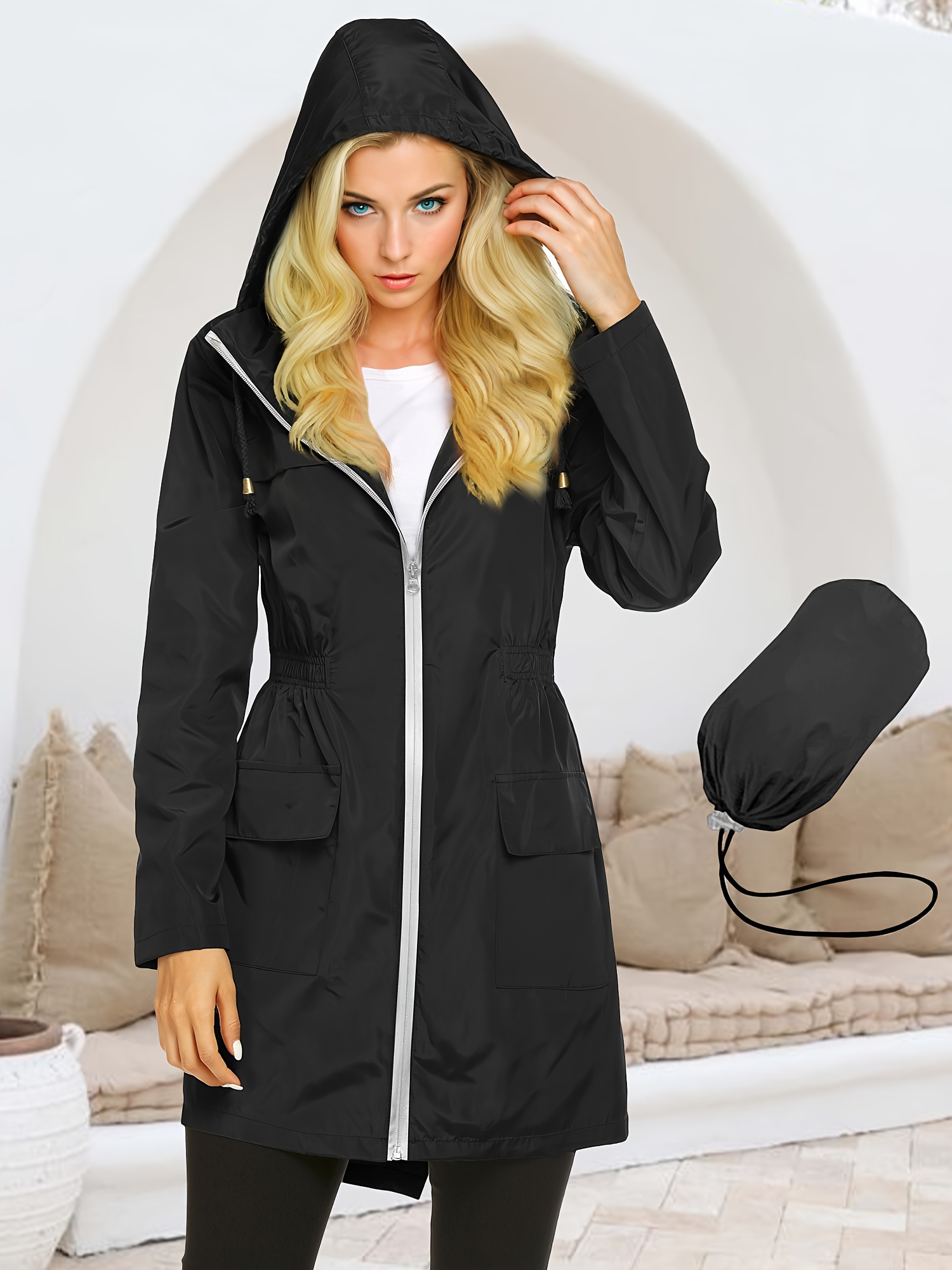 Women'S Lightweight Hooded Rain Jacket Casual Outdoor Jacket with  Drawstring Hood, Zippered Pockets Solid for Spring/Fall, Raincoat f