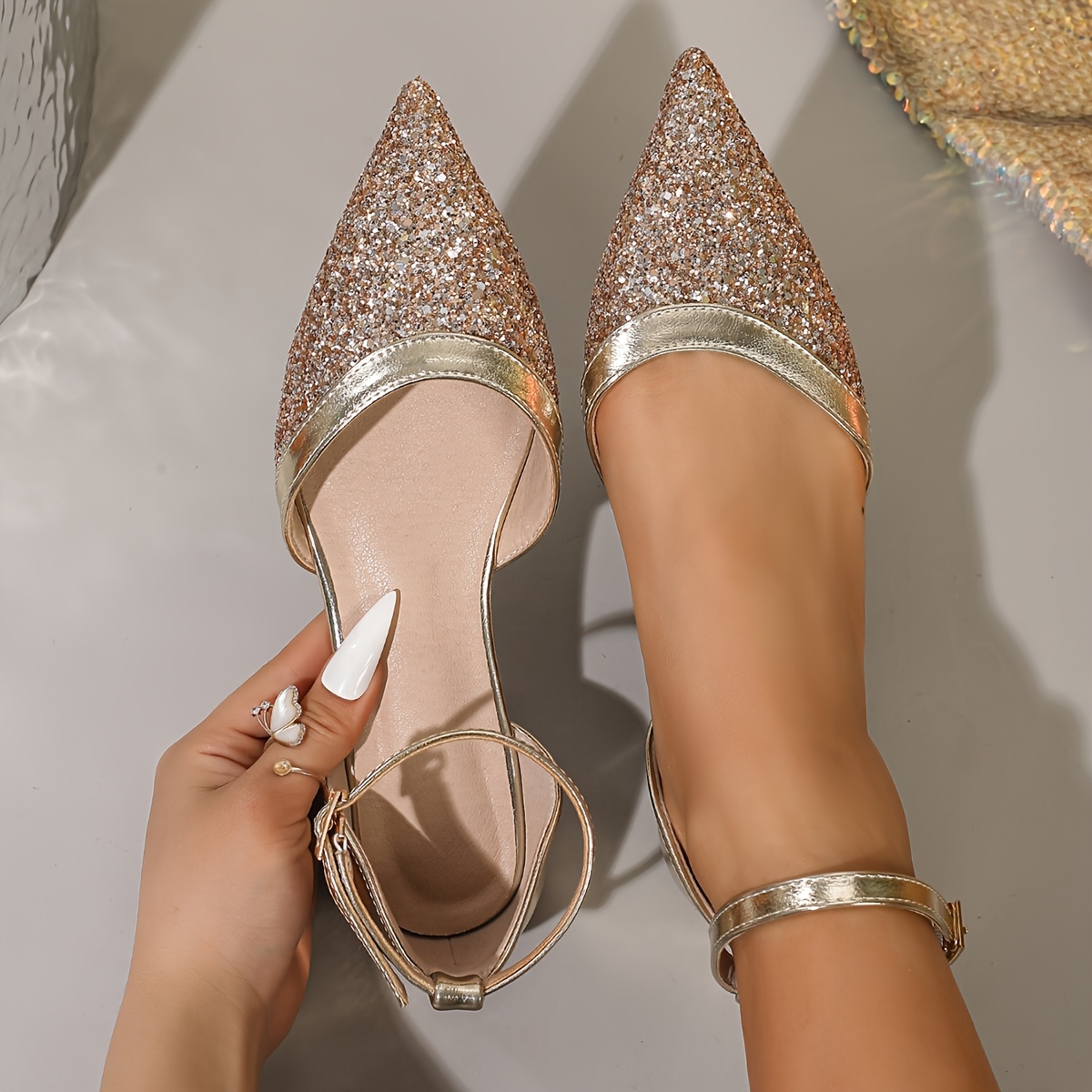 TEMU Spring Summer New Women's Fashion Pointed Comfortable Flat Shoes Easy Elegant Golden Sequined Hollow Sandals Women's, Women Shoes