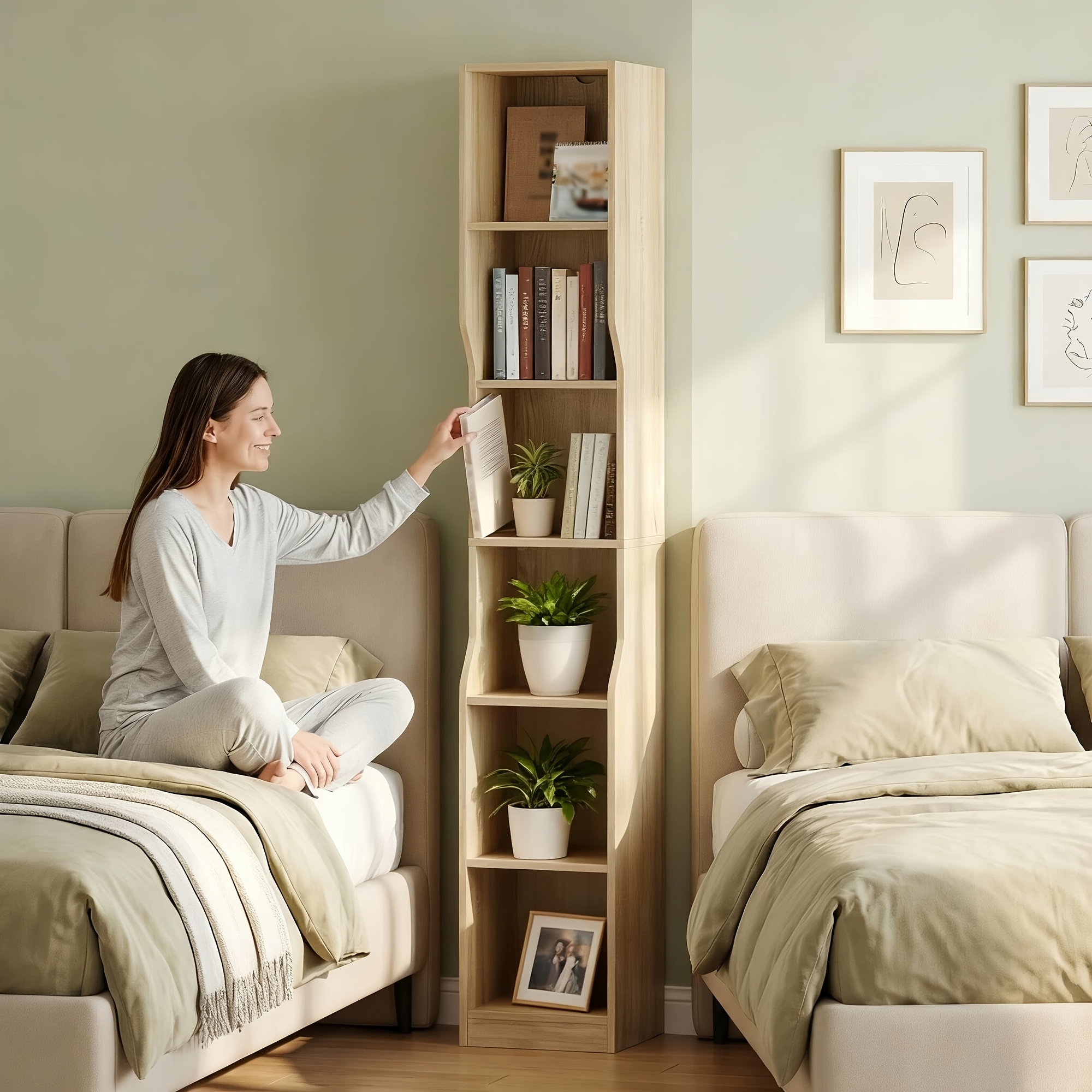 Image of 182cm Tall 6-tier Slotted Bookshelf, 29×31cm Extremely Narrow Depth, Curved Side Panels For Anti-collision, Anti-tip Stability, Vertical Storage Rack For Small Apartments, , And Study Rooms