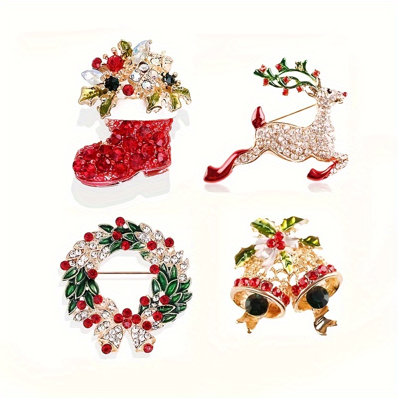 

4pcs Fashion Christmas Wreath Christmas Boots Christmas Deer Christmas Bells Brooch Pins For Women, And Gift