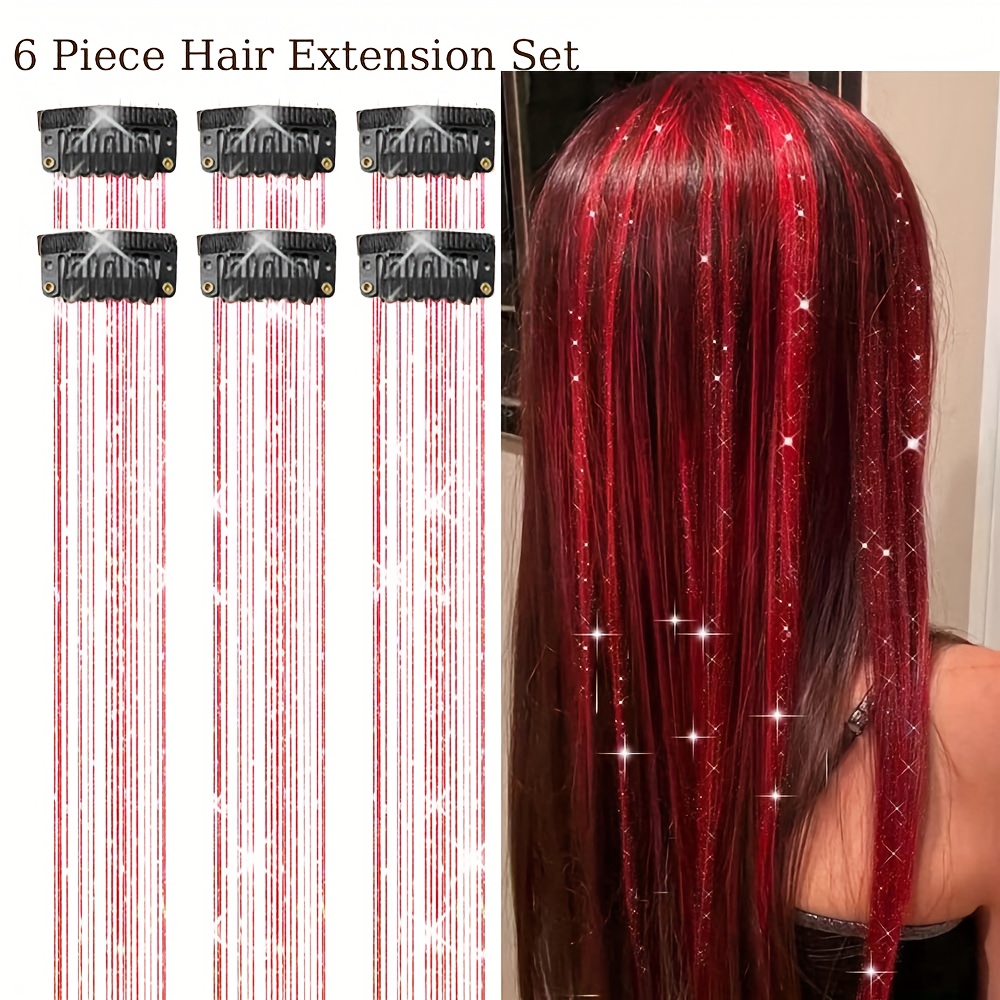 Synthetic Hair 6pcs Clip On Synthetic Hair Bundle 20 Inch Shining Fairy Color Hair Accessories Set Suitable Christmas Use For Women' Festivals And Gatherings Perfect As Festival Gifts