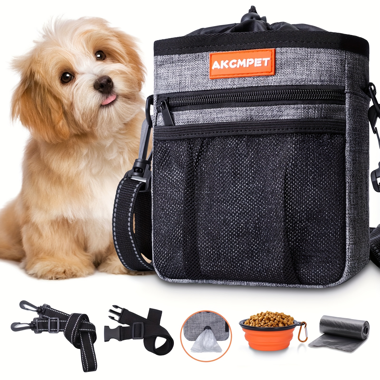 TEMU 犬用トレーニングポーチ、散歩用ウエストバッグ、3通りの着用方法（ショルラップ/ウエストベルト/クリップオン）、内蔵ポープバッグサー、折りたたみボウル付き、中型・大型ペット対応（グレー）