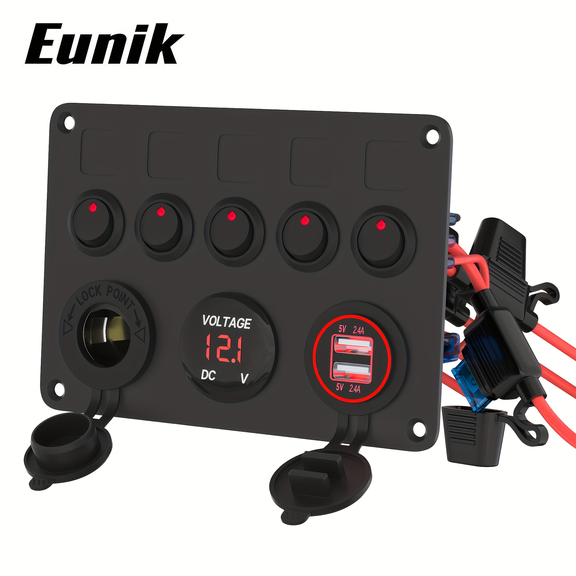 Pannello Interruttori A Bilanciere 5 Gang Con Voltmetro LED E USB - Per Camper, Moto, Barca 12V-24V - 3
